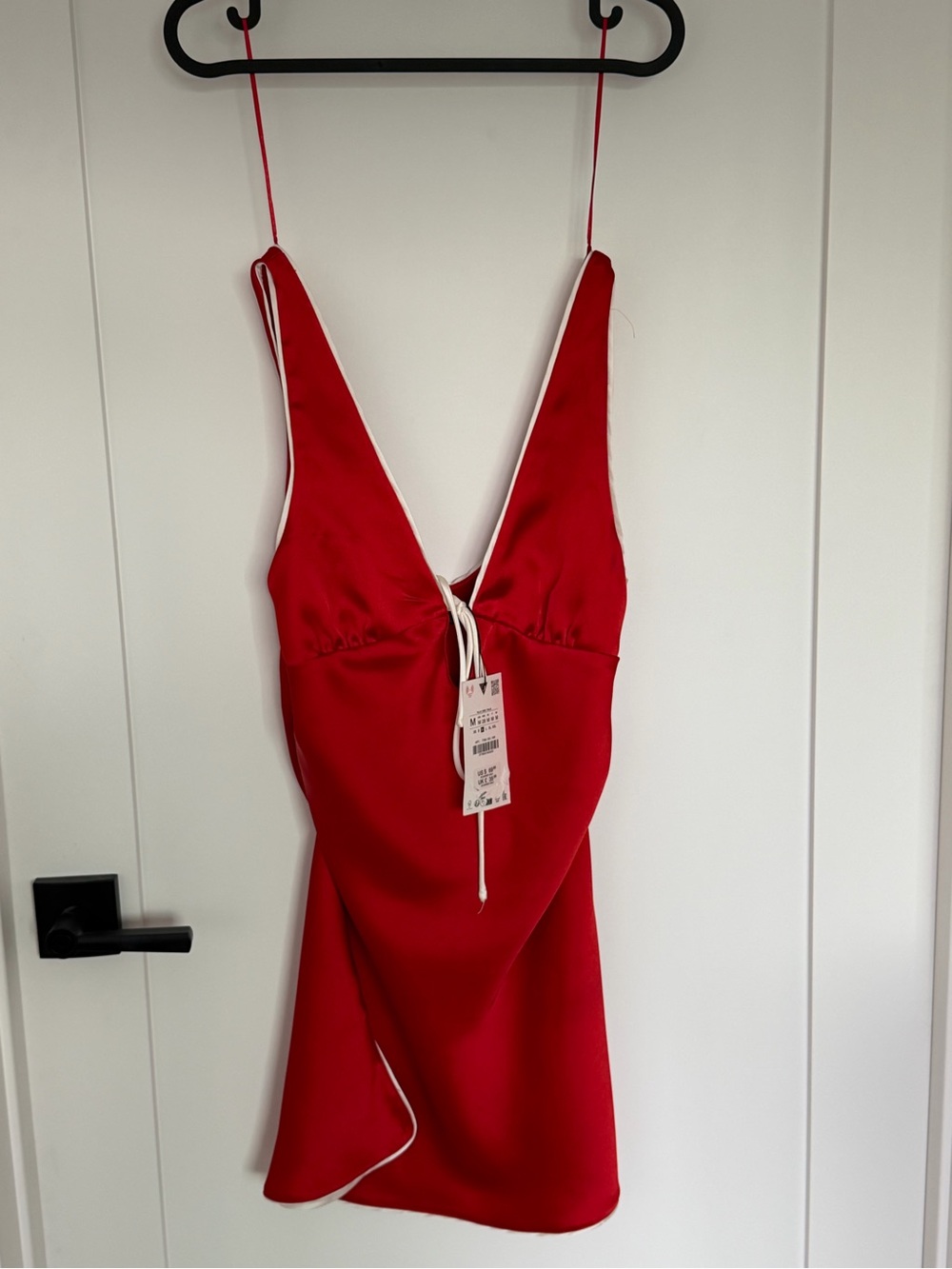 Zara Red Satin V-Neck Spaghetti Strap Mini Dress